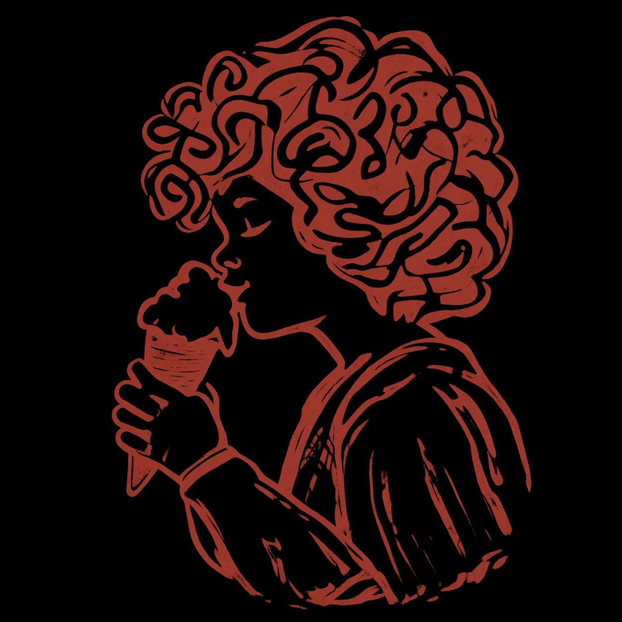 Un niño de pelo rizado saborea un cucurucho de helado, ilustrado como un grabado artesanal en tinta terracota.